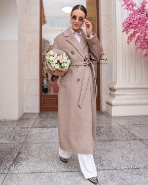 Двубортное премиальное (шерсть ламы) пальто светлый кофе 125 см.