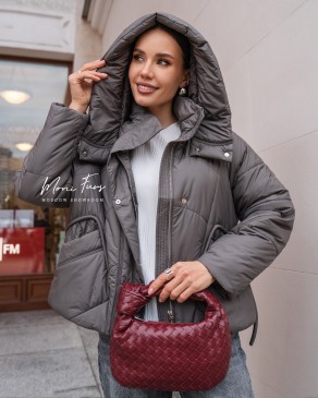 Куртка-бомбер женская демисезонная с капюшоном хаки 65см.