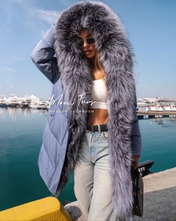 Пуховик синий с мехом чернобурой лисы с капюшоном 90 см.