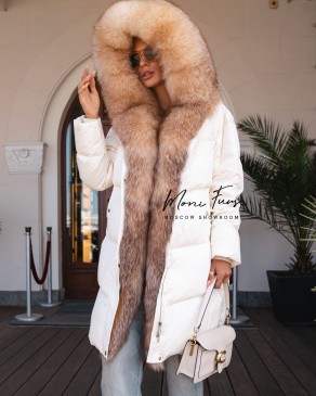 Пуховик молочный с мехом лисы с капюшоном 90 см. ХМ
