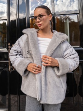 Шуба-куртка из меха премиум-класса с нейлоновыми вставками цвета Ice Grey