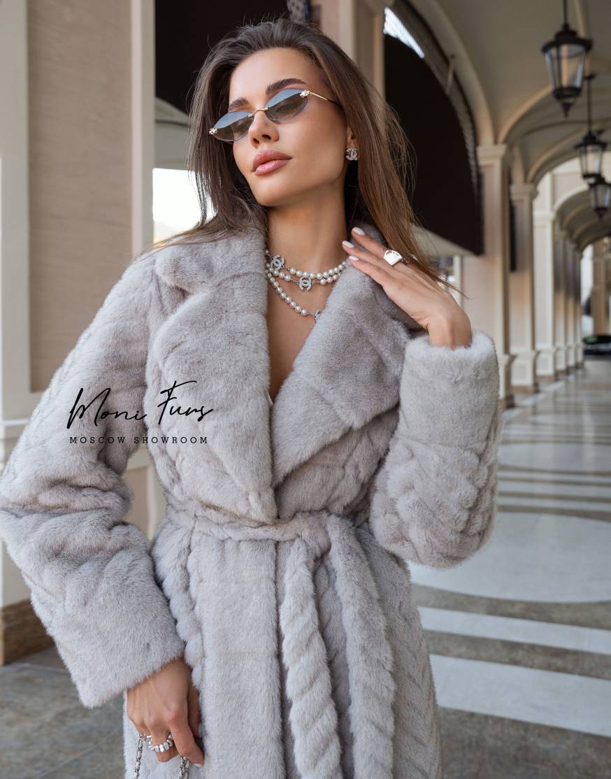 Длинная шуба серая из шерсти в елочку 120 см