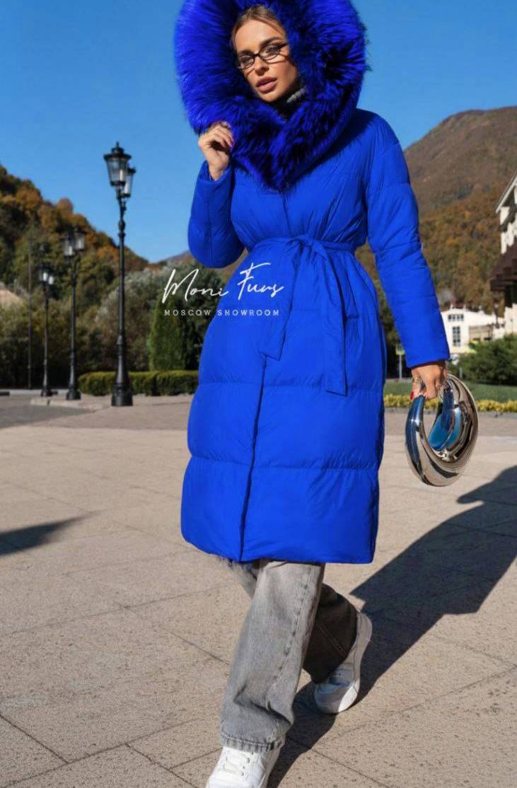 Пуховик электрик с мехом лисы и капюшоном 110 см