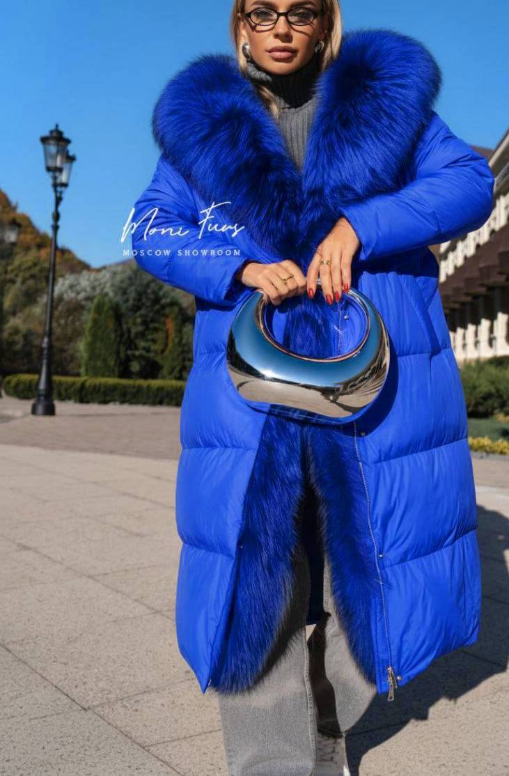 Пуховик электрик с мехом лисы и капюшоном 110 см