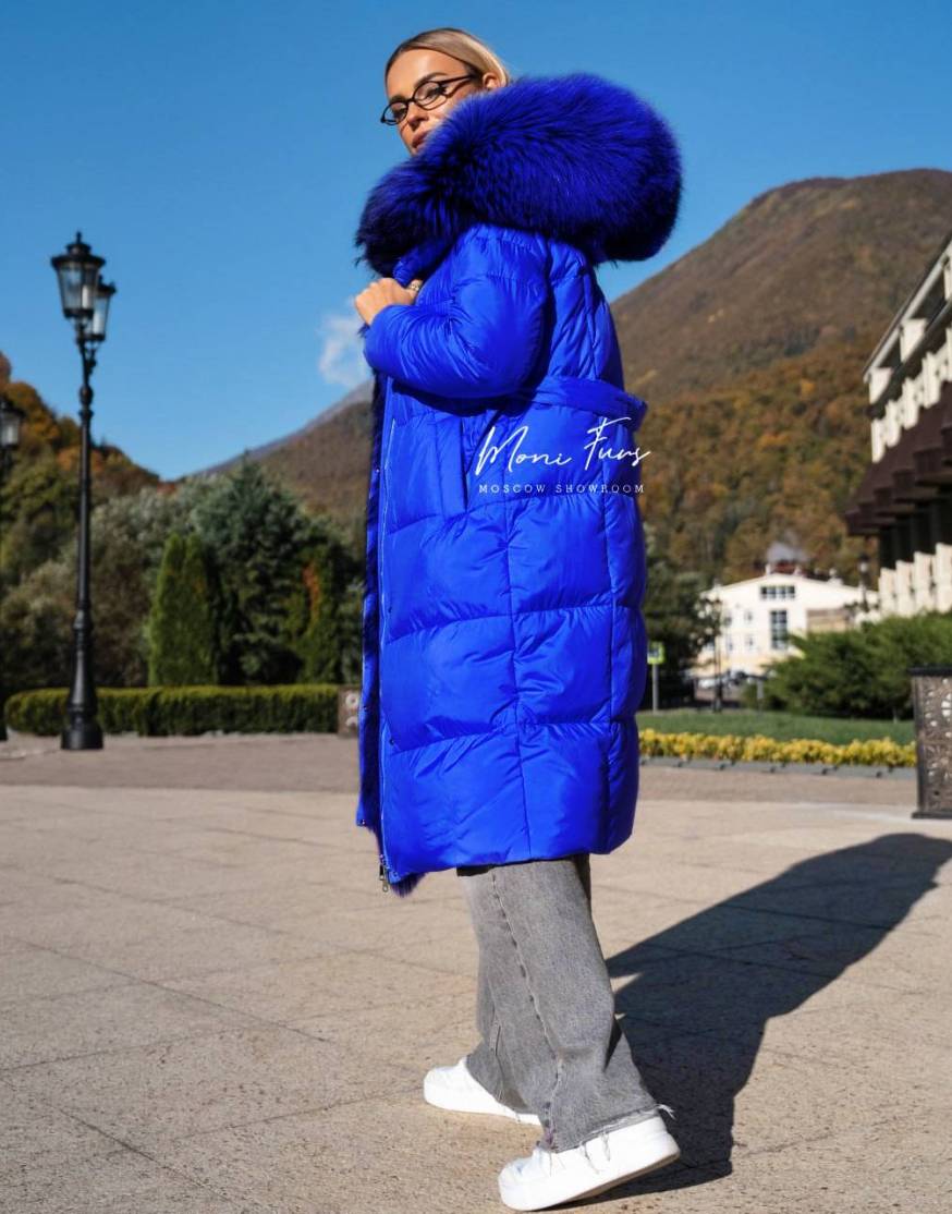 Пуховик электрик с мехом лисы и капюшоном 110 см