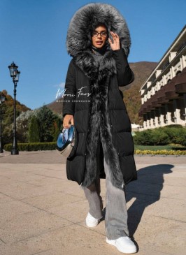 Пуховик черный с мехом чернобурой лисы и капюшоном 110 см Пуховик черный с мехом чернобурой лисы и капюшоном 110 см