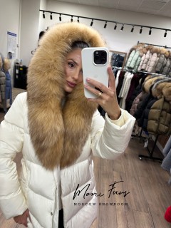 Пуховик молочный с мехом лисы с капюшоном 75 см. XM