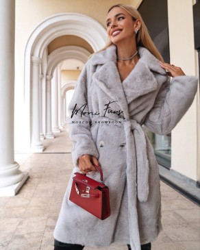 Шуба из натуральной шерсти "серая" 105 см.