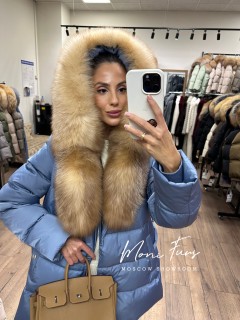 Пуховик голубой с мехом лисы с капюшоном 75 см. XM