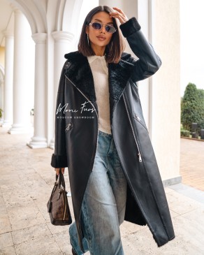 Дубленка черная из искусственой кожи 110 см.