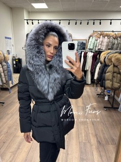 Женский черный пуховик с мехом чернобурой лисы и капюшоном 75 см