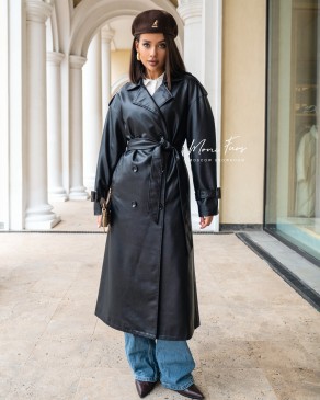 Плащ из искусственной кожи черный с погоном 105 см.