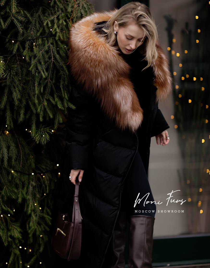 Женский чёрный пуховик с мехом лисы и капюшоном 120 см XM