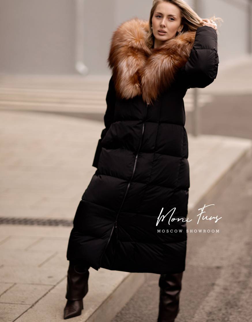 Женский чёрный пуховик с мехом лисы и капюшоном 120 см XM