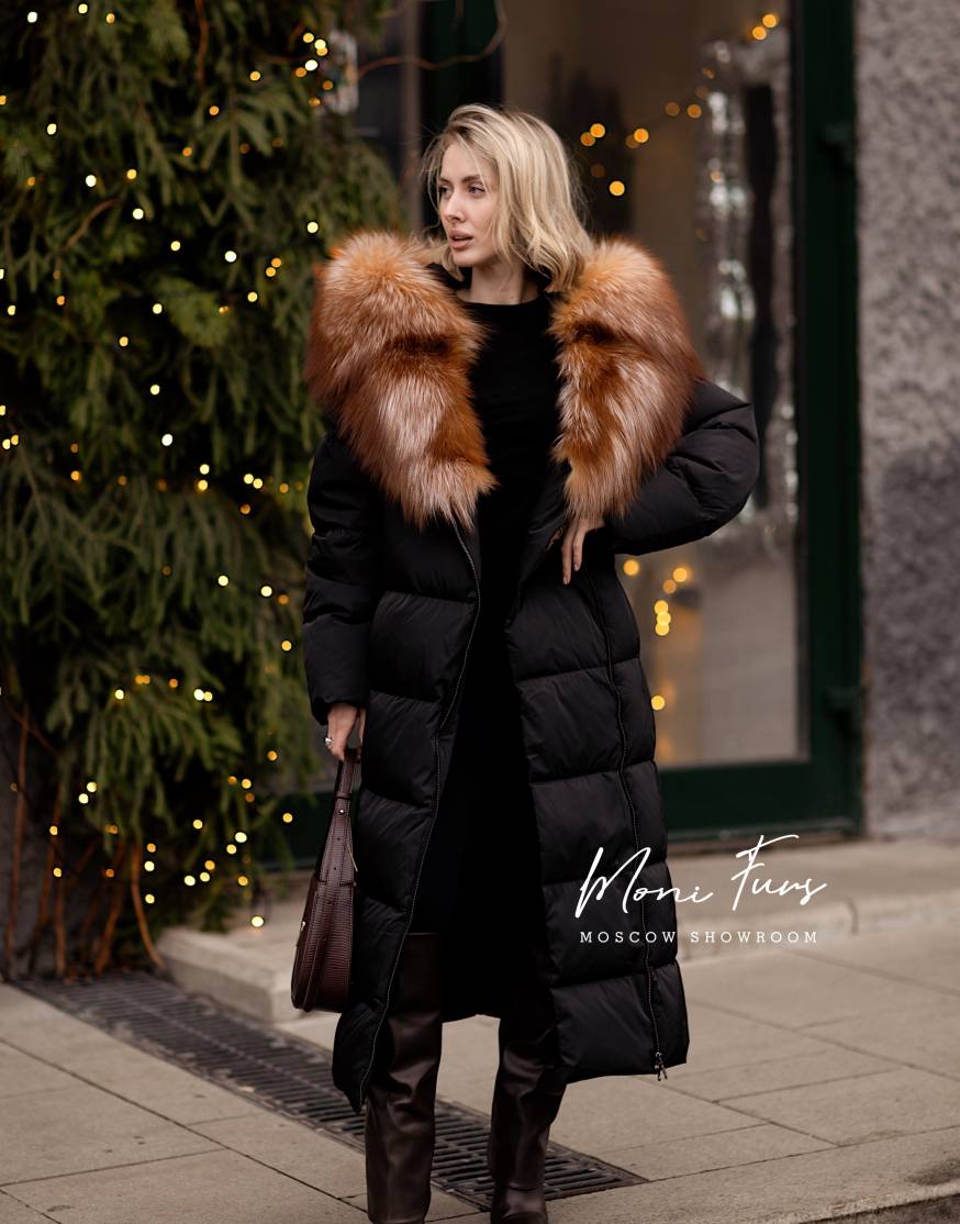 Женский чёрный пуховик с мехом лисы и капюшоном 120 см XM