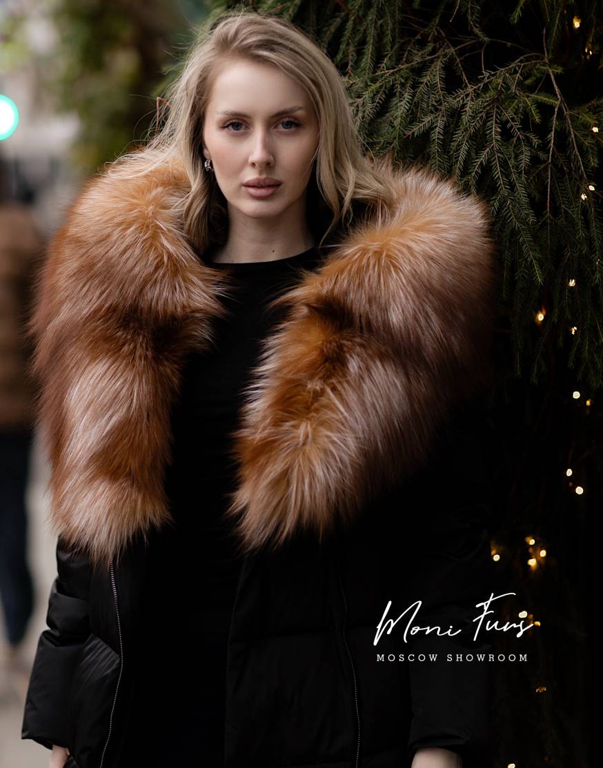 Женский чёрный пуховик с мехом лисы и капюшоном 120 см XM