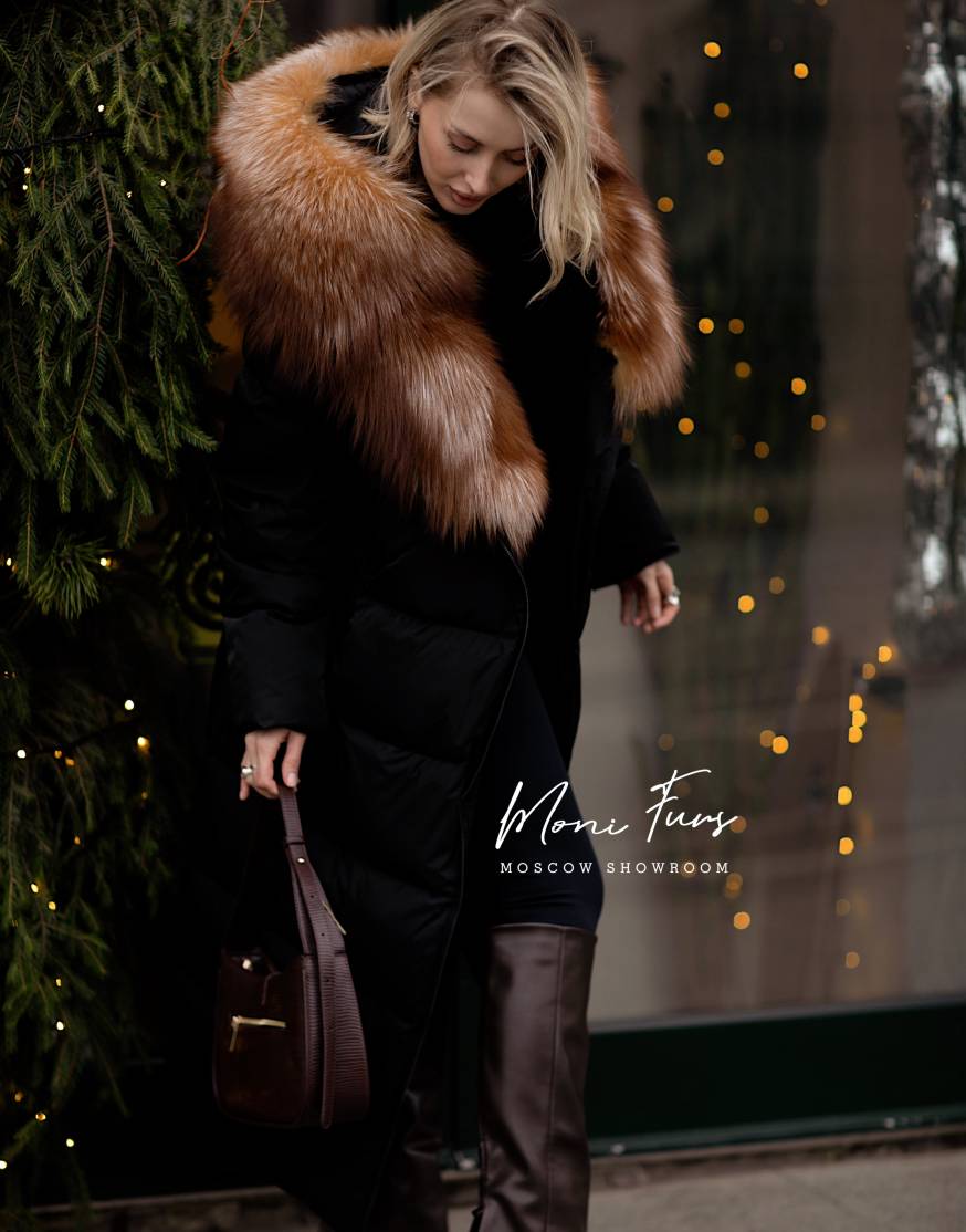 Женский чёрный пуховик с мехом лисы и капюшоном 120 см XM