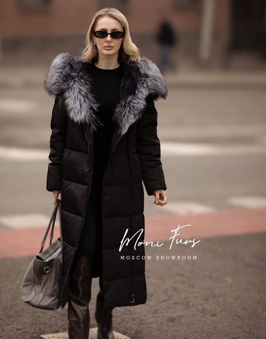 Женский чёрный пуховик с мехом чернобурой лисы и капюшоном 120 см