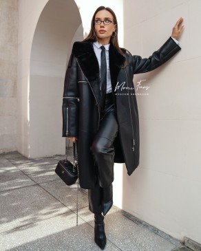 Дубленка черная из искусственной кожи 110 см.