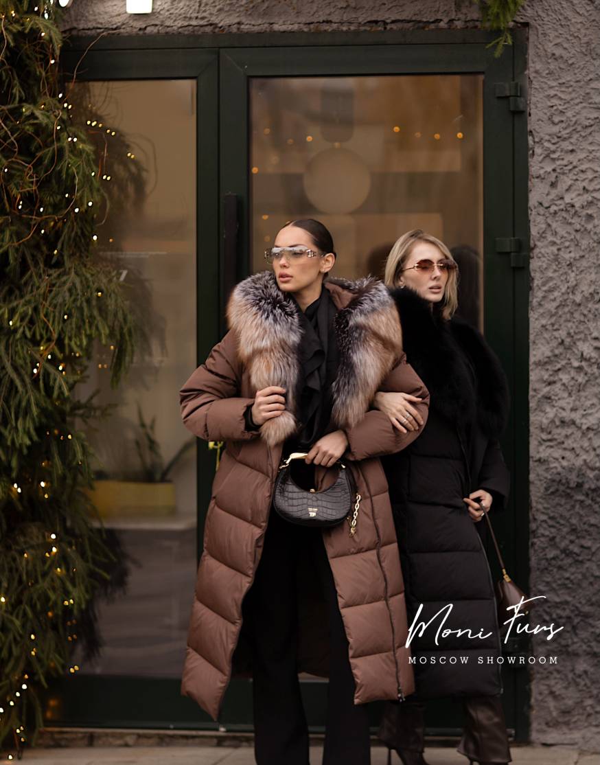 Женский шоколадный пуховик с мехом лисы и капюшоном 120 см XM