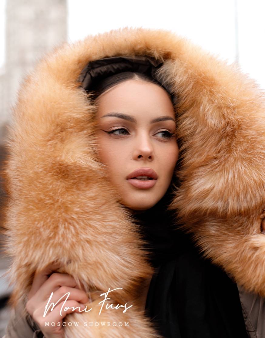Женский кофейный пуховик с мехом лисы и капюшоном 120 см XM