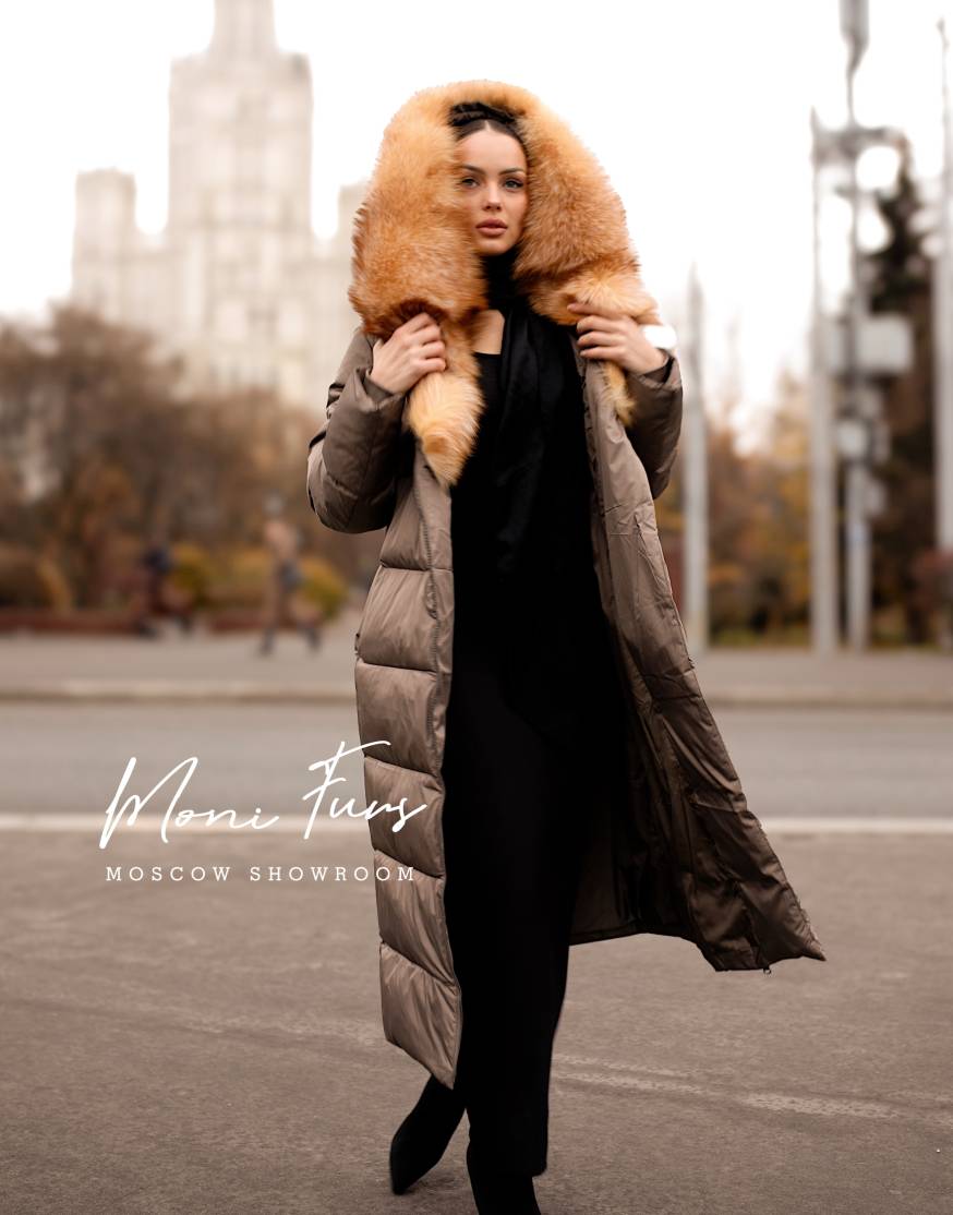 Женский кофейный пуховик с мехом лисы и капюшоном 120 см XM