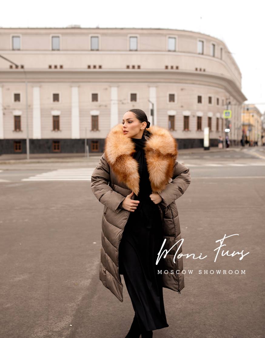 Женский кофейный пуховик с мехом лисы и капюшоном 120 см XM