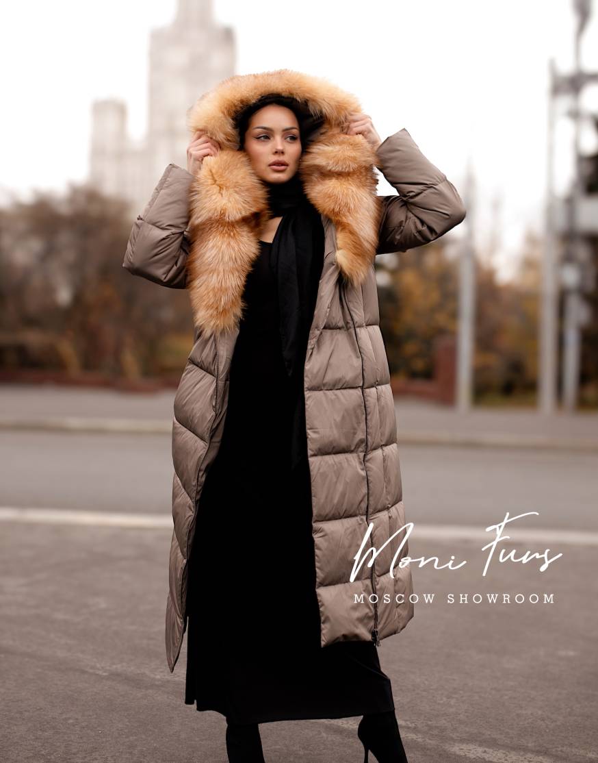 Женский кофейный пуховик с мехом лисы и капюшоном 120 см XM