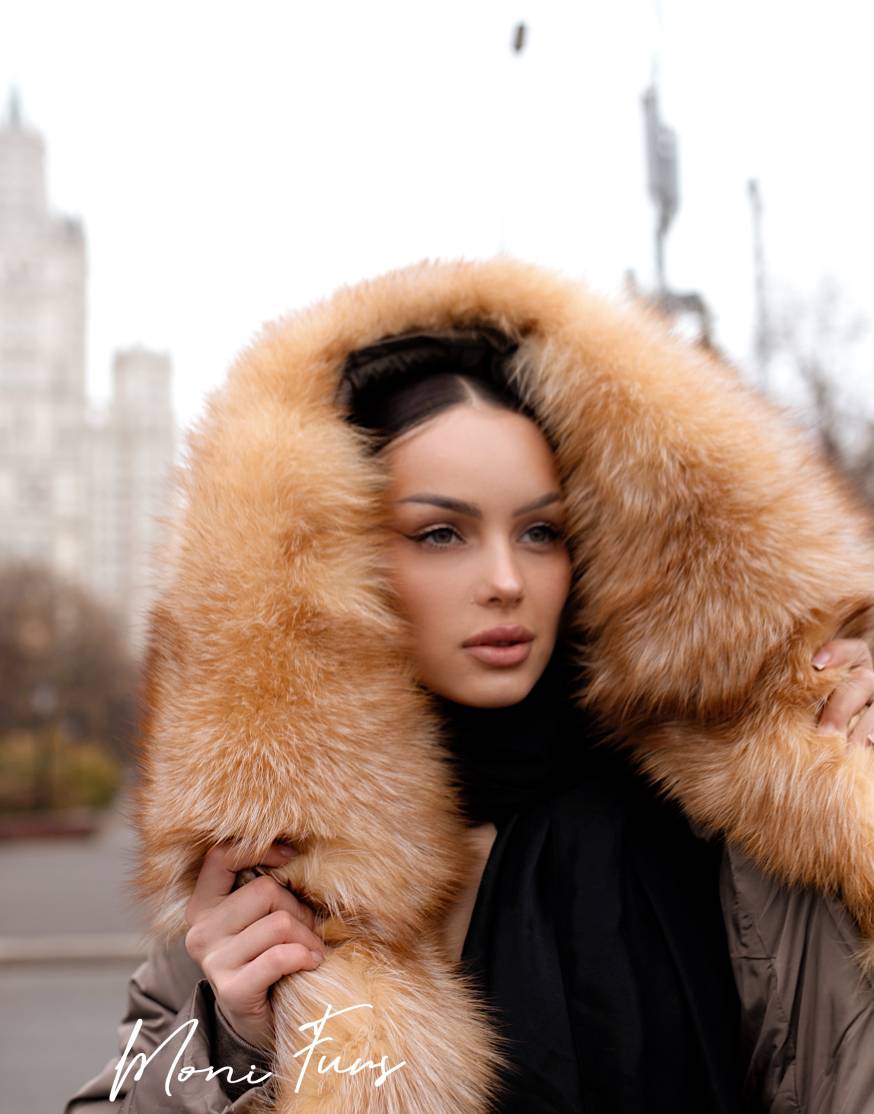 Женский кофейный пуховик с мехом лисы и капюшоном 120 см XM