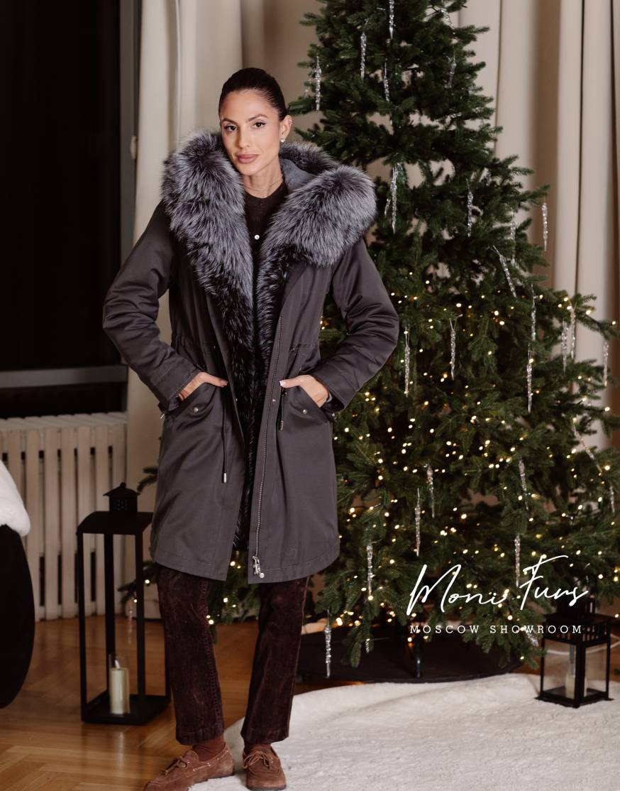 Парка графит с мехом чернобурой лисы 90 см ХМ