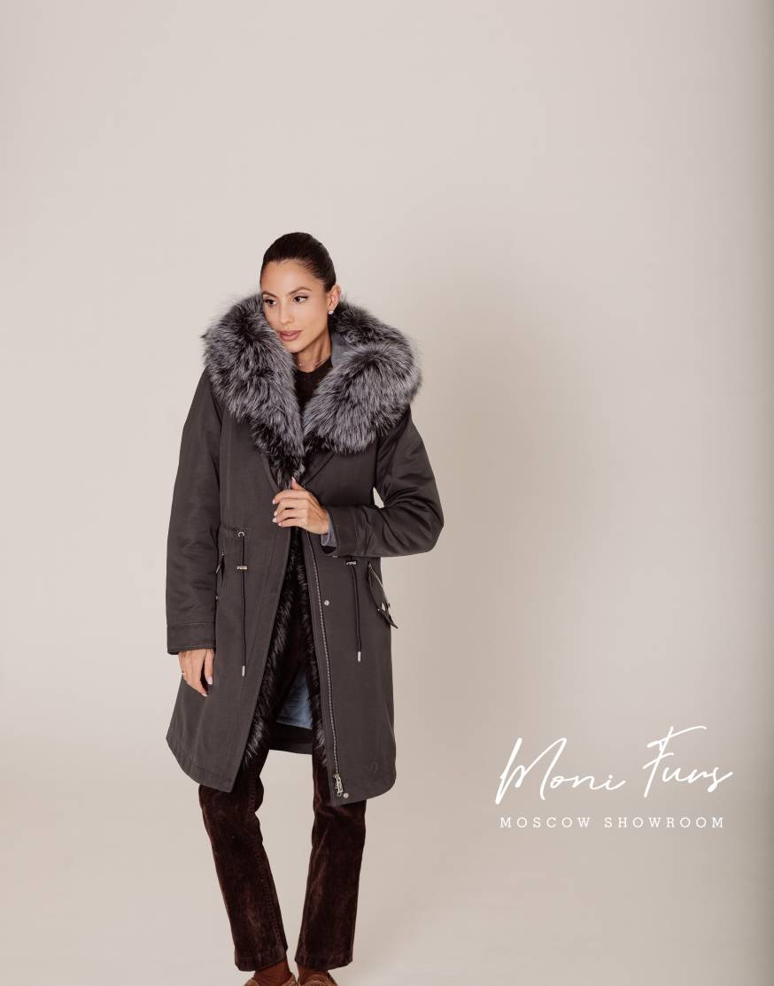Парка графит с мехом чернобурой лисы 90 см ХМ