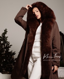 Парка коричневая с мехом под соболь и капюшоном 90 см ХМ