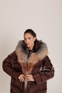 Пуховик шоколадный с мехом лисы и капюшоном 70 см.ХМ