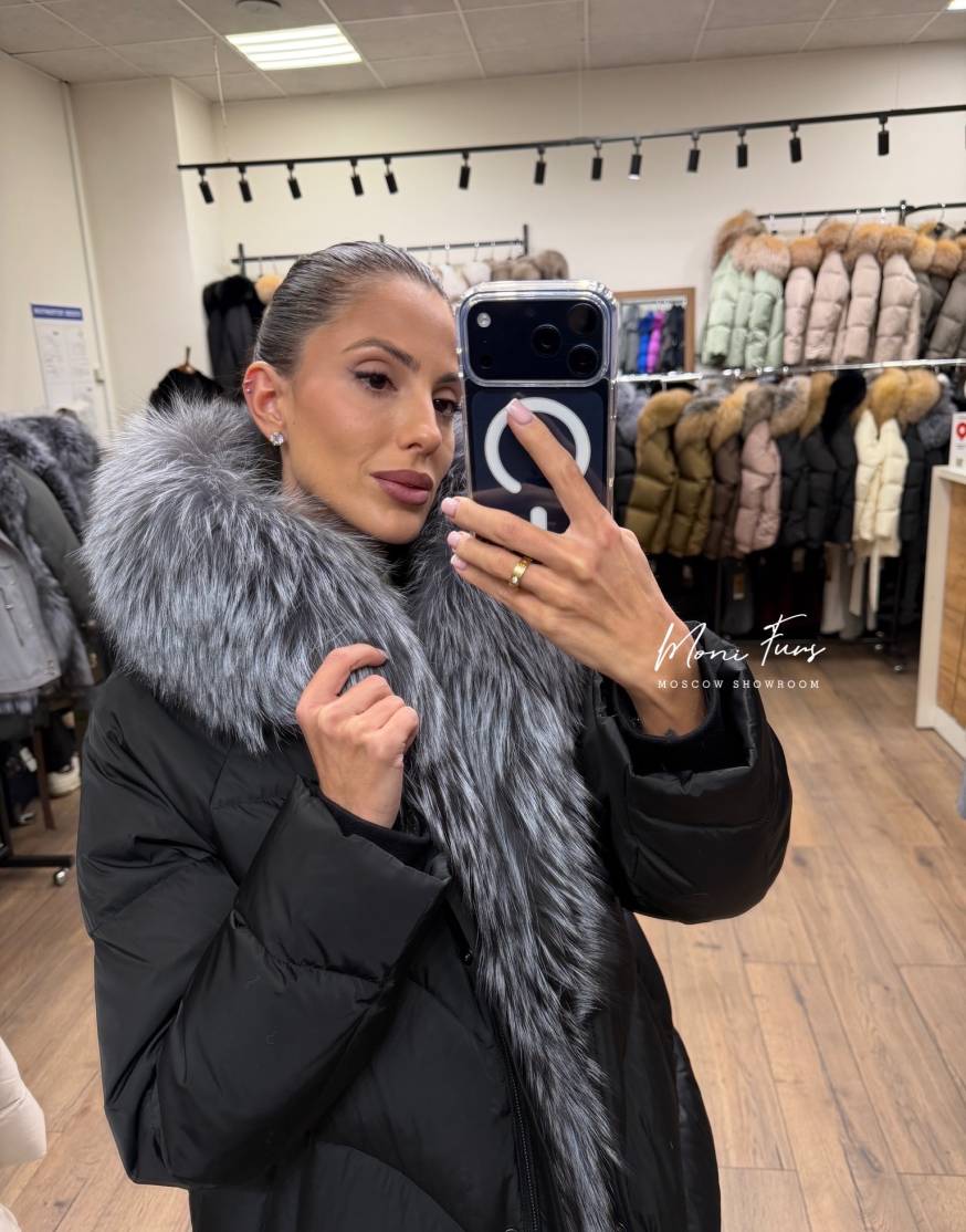 Женский черный пуховик с мехом чернобурой лисы 70 см
