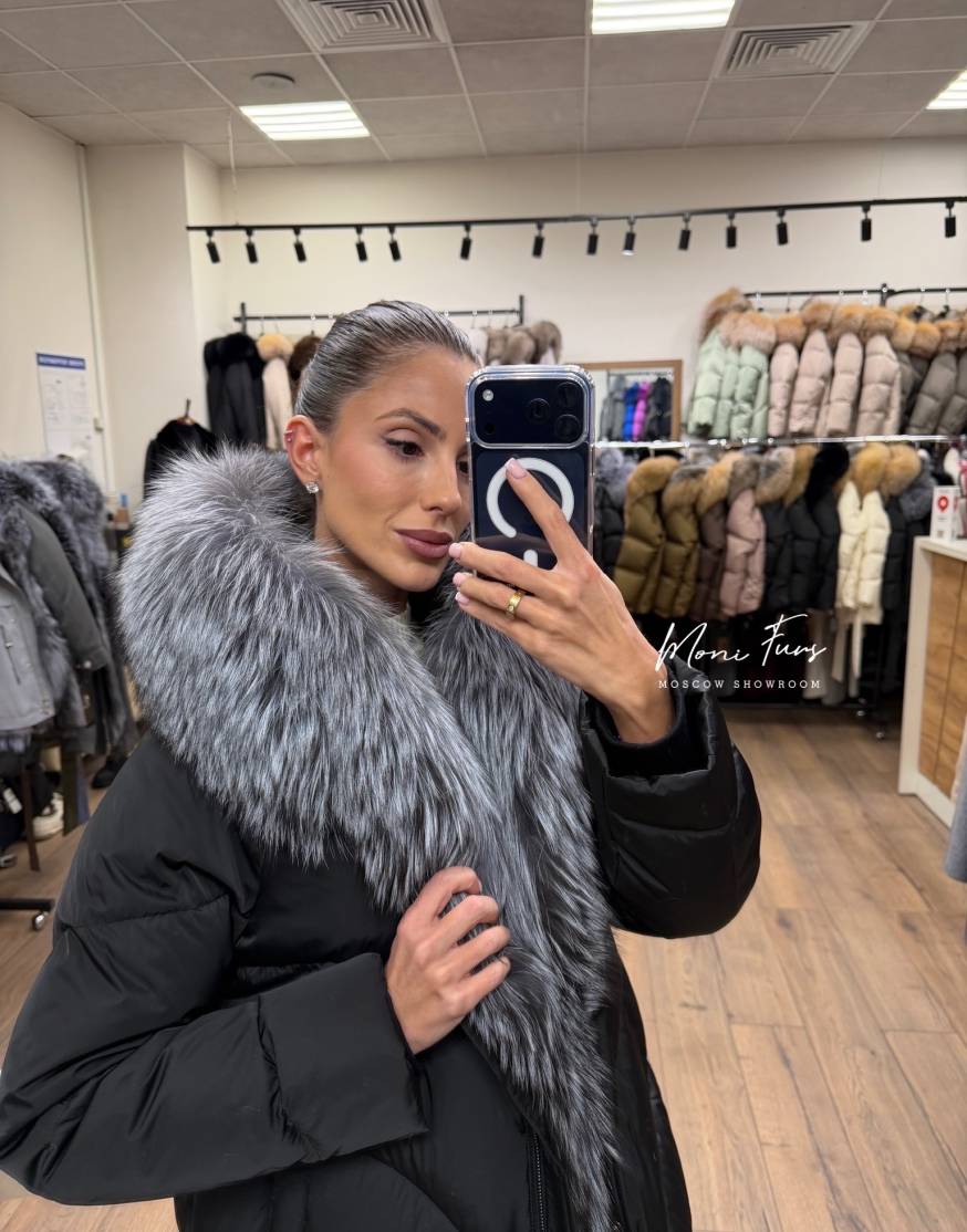 Женский черный пуховик с мехом чернобурой лисы 70 см
