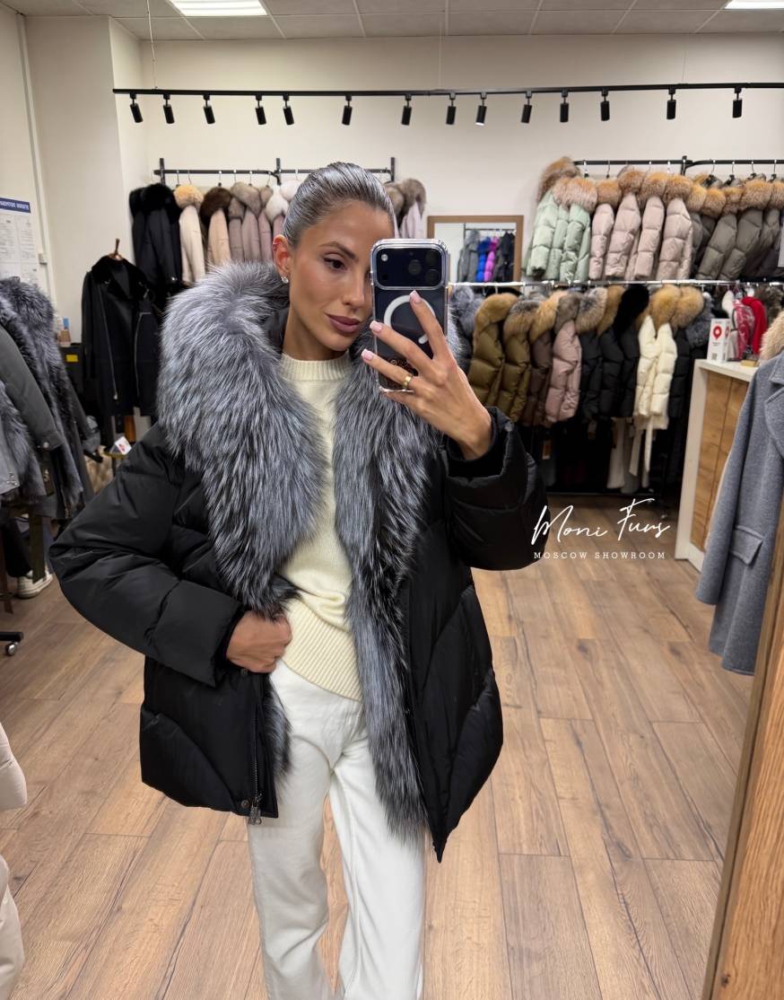 Женский черный пуховик с мехом чернобурой лисы 70 см