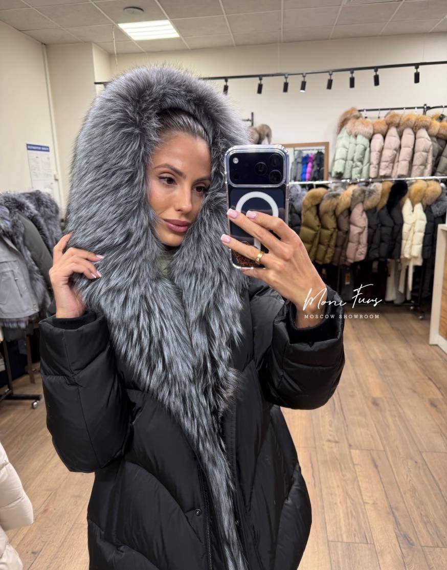 Женский черный пуховик с мехом чернобурой лисы 70 см