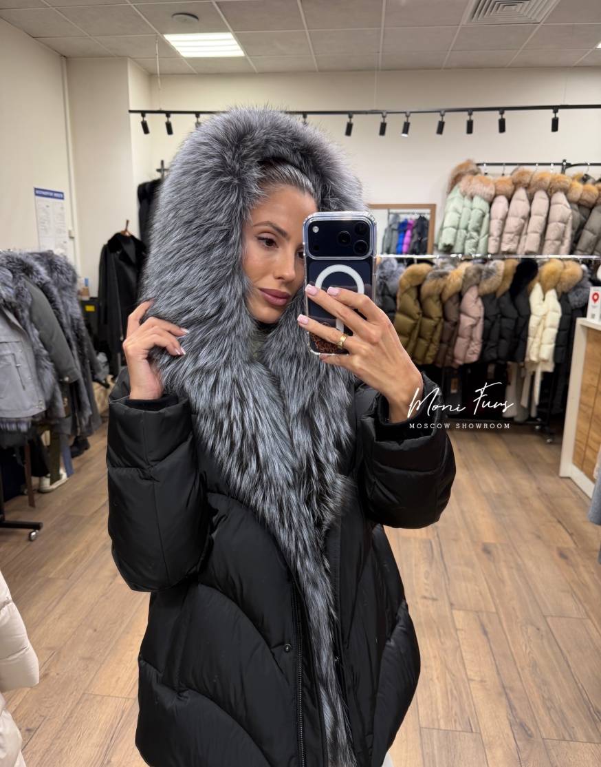 Женский черный пуховик с мехом чернобурой лисы 70 см