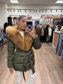 Женский  пуховик хаки с мехом лисы и капюшоном 75 см