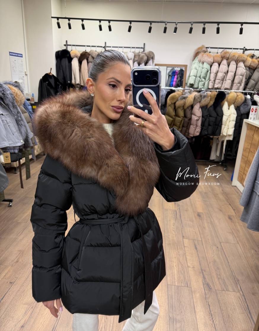 Женский черный пуховик с мехом песца под соболь 75 см